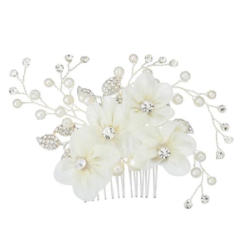 Decorative Hair Combs Iron with brass wire & Cloth & Plastic Pearl for bridal & with rhinestone silver color Sold By PC