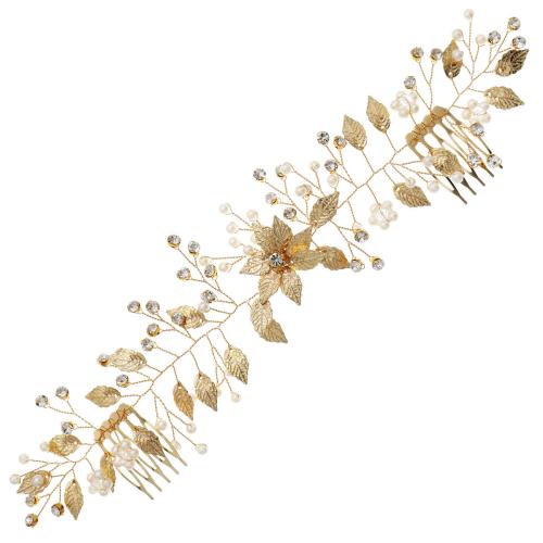 Decorative Hair Combs Zinc Alloy with brass wire & Plastic Pearl for bridal & with rhinestone golden Sold By PC