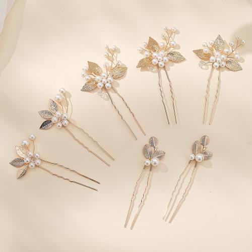 Hair Stick Zinc Alloy with brass wire & Plastic Pearl 7 pieces & for bridal golden Sold By Set