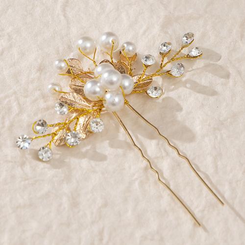 Hair Stick Zinc Alloy with brass wire & Plastic Pearl for bridal & with rhinestone golden Sold By PC