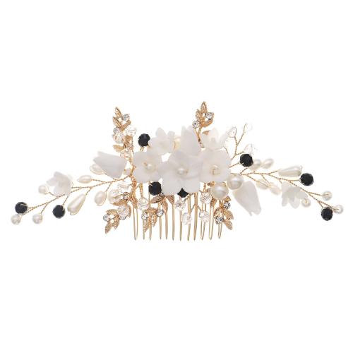 Dekoratív Hair Combs, Vas, -val sárgaréz huzal & Porcelán & Kristály & Műanyag Pearl, A menyasszonyi & strasszos, aranysárga, 158x62mm, Által értékesített PC