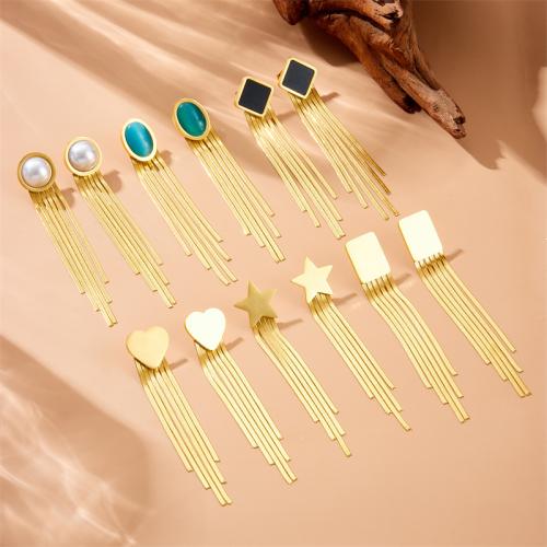 Fashion Fringe Boucles d'oreilles, Acier inoxydable 304, avec turquoise synthétique & perle de plastique, bijoux de mode & styles différents pour le choix & pour femme, doré, 85x14mm, Vendu par paire