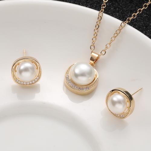 Cubic Zirconia Micro Pave Brass Jewelry Sets with Plastic Pearl with 5cm extender chain & micro pave cubic zirconia & for woman Length Approx 40 cm Sold By PC