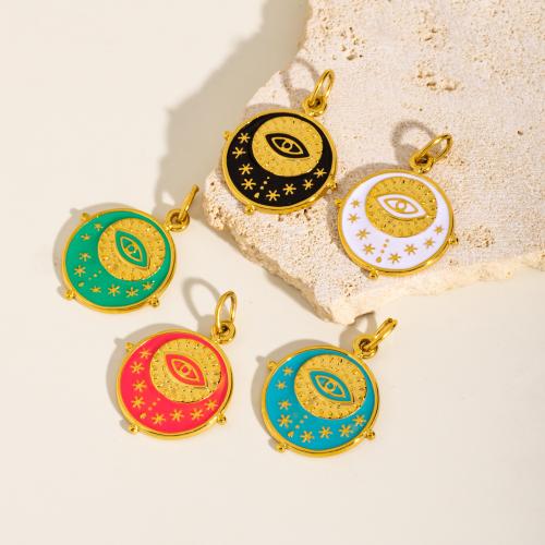 Stainless Steel Pendants 304 Stainless Steel Round gold color plated DIY & evil eye pattern & enamel 10/Bag Sold By Bag