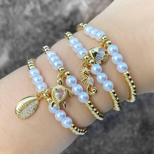 Cubic Zirconia Micro Pave Brass Bracelet with Plastic Pearl gold color plated fashion jewelry & micro pave cubic zirconia gold nickel lead & cadmium free Sold By PC