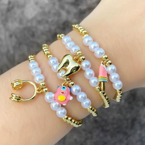 Messing Armbanden, met Plastic Pearl, gold plated, mode sieraden & verschillende ontwerpen voor de keuze & glazuur, goud, nikkel, lood en cadmium vrij, Lengte 16 cm, Verkocht door PC