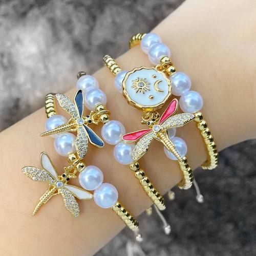 Messing armband met micro-paved kubieke zirconia's, met Nylon Koord & Plastic Pearl, met 10cm extender keten, gold plated, mode sieraden & verschillende ontwerpen voor de keuze & micro pave zirconia & glazuur, goud, nikkel, lood en cadmium vrij, Lengte 14 cm, Verkocht door PC