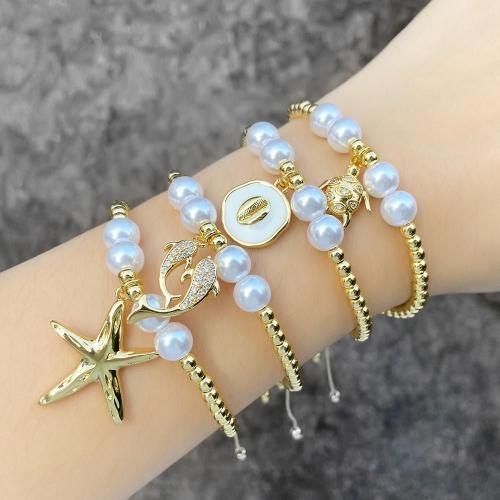 Messing armband met micro-paved kubieke zirconia's, met Nylon Koord & Plastic Pearl, met 14cm extender keten, gold plated, mode sieraden & verschillende ontwerpen voor de keuze & micro pave zirconia & glazuur, goud, nikkel, lood en cadmium vrij, Lengte 14 cm, Verkocht door PC