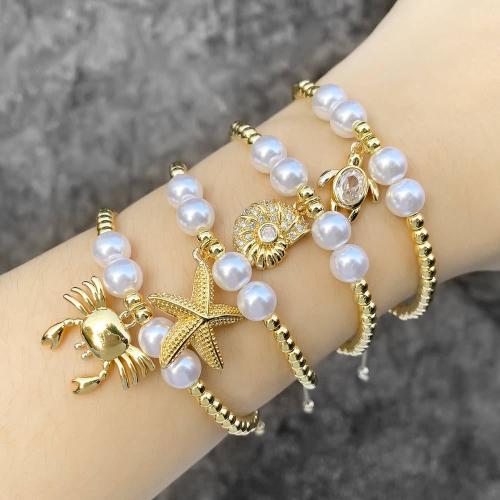 Messing armband met micro-paved kubieke zirconia's, met Nylon Koord & Plastic Pearl, met 14cm extender keten, gold plated, mode sieraden & verschillende ontwerpen voor de keuze & micro pave zirconia, goud, nikkel, lood en cadmium vrij, Lengte 14 cm, Verkocht door PC