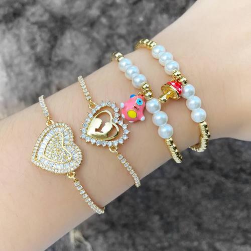 Bracelet cubique en laiton zircon pavent, avec perle de plastique, avec 10cm chaînes de rallonge, Placage de couleur d'or, bijoux de mode & modèles différents pour le choix & pavé de micro zircon & émail, plus de couleurs à choisir, protéger l'environnement, sans nickel, plomb et cadmium, Longueur 14 cm, Vendu par PC