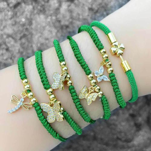 Bracelet cubique en laiton zircon pavent, corde en nylon, avec laiton, bijoux de mode & modèles différents pour le choix & pavé de micro zircon, vert, Vendu par PC