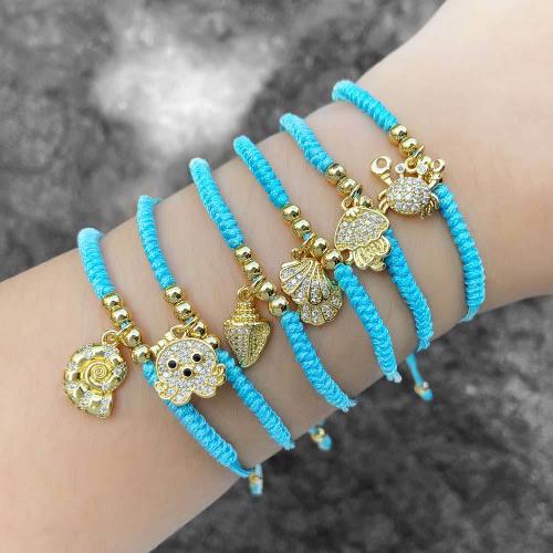 Bracelet cubique en laiton zircon pavent, corde en nylon, avec laiton, bijoux de mode & modèles différents pour le choix & pavé de micro zircon, bleu, Vendu par PC