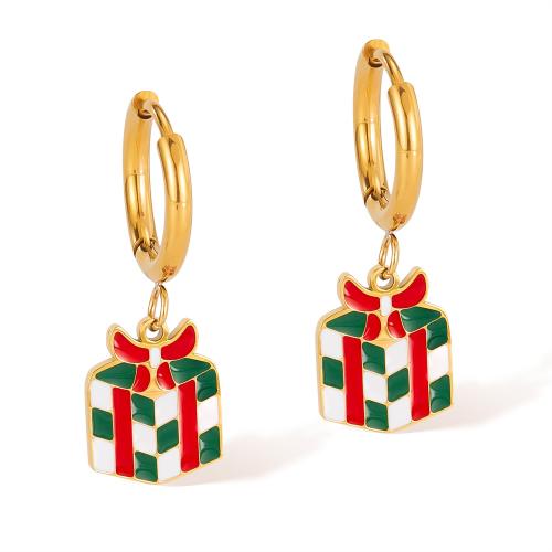 Boucles d'oreilles de Noël, Acier inoxydable 304, En forme de boîte de cadeau, Placage, bijoux de mode & pour femme & émail, doré, Vendu par paire