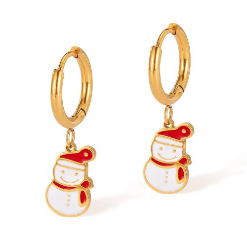 Christmas Earrings 304 Stainless Steel Snowman plated Christmas Design & for woman & enamel golden Sold By Pair