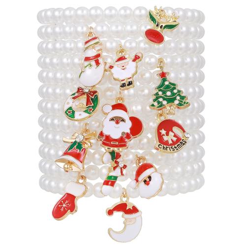 Bracelet de vacances de Noël, alliage de zinc, avec fil élastique & perle de plastique, fait à la main, 12 pièces & Conception de Noël & pour femme & émail, blanc, Longueur 6.69 pouce, Vendu par fixé