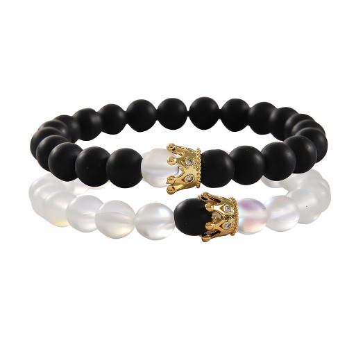 Pulseiras de pedras preciosas, Selenita, with Abrazine Stone & fio elástico & liga de zinco, feito à mão, 2 peças & unissex & com strass, branco e preto, comprimento Aprox 17 cm, vendido por Defina