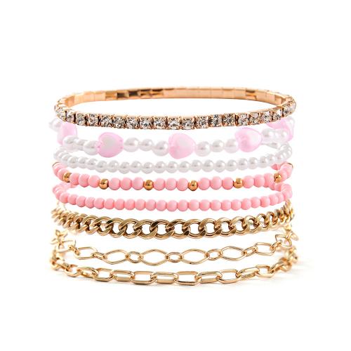 Zinc Alloy Bracelet with Seedbead & Plastic Pearl handmade 8 pieces & for woman & with rhinestone mixed colors Sold By Set