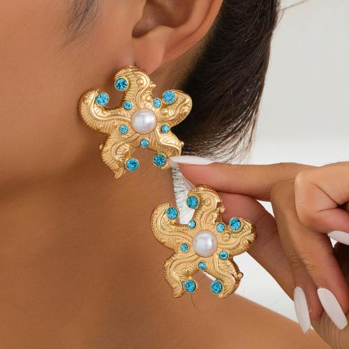 Boucle d'oreille dormeuse en alliage de zinc, avec perle de plastique, étoile de mer, Placage, pavé de micro zircon & pour femme, Or, Vendu par paire