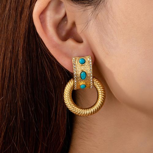 Boucle d'oreille dormeuse en alliage de zinc, avec turquoise synthétique, Placage, pavé de micro zircon & pour femme, Or, Vendu par paire