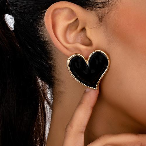 Zinc Alloy Stud Earring Heart plated for woman & enamel black Sold By Pair