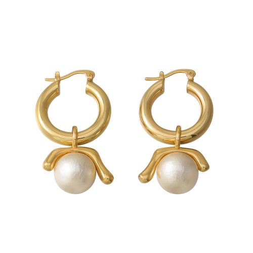 Huggie Hoop Drop Earring Brass with Cotton Pearl plated & for woman gold Sold By Pair