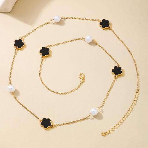 Zinc Alloy Sweater Chain Necklace with Plastic Pearl & Acrylic petals plated for woman gold Sold By PC