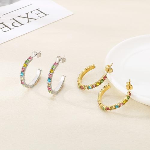 Stainless Steel Stud Earrings 304 Stainless Steel Vacuum Ion Plating for woman & with rhinestone Sold By Pair