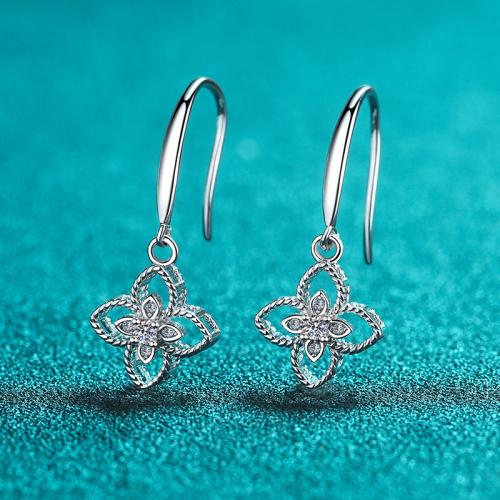 Plata de ley 925 Pendientes con Colgantes, con Moissanite, Trébol de cuatro hojas, para mujer & hueco, earring length 15-25mm, 0.08 carat Moissanite, Vendido por Par