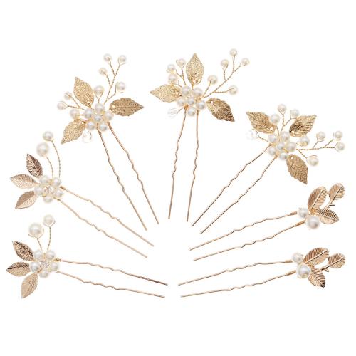 Hair Stick Zinc Alloy with brass wire & Rhinestone & Plastic Pearl for bridal golden Sold By Bag