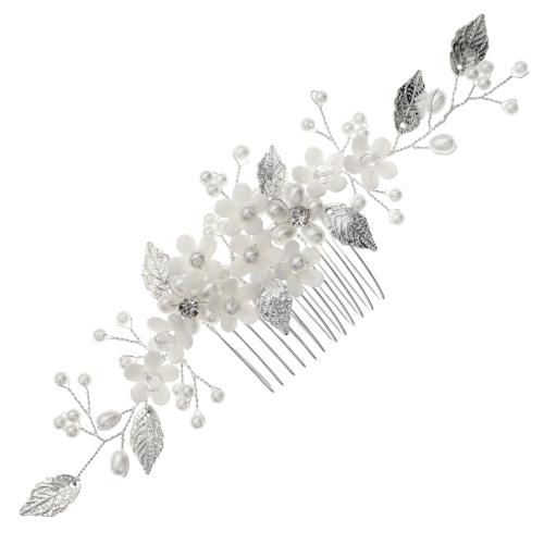 Pettini capelli decorativi, ferro, with filo di ottone & perla in plastica & acrilico, per la sposa & con strass, argento, 180x63mm, Venduto da PC