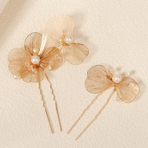 Hair Stick Brass with brass wire & Crystal & Plastic Pearl 2 pieces & for bridal golden Sold By Set