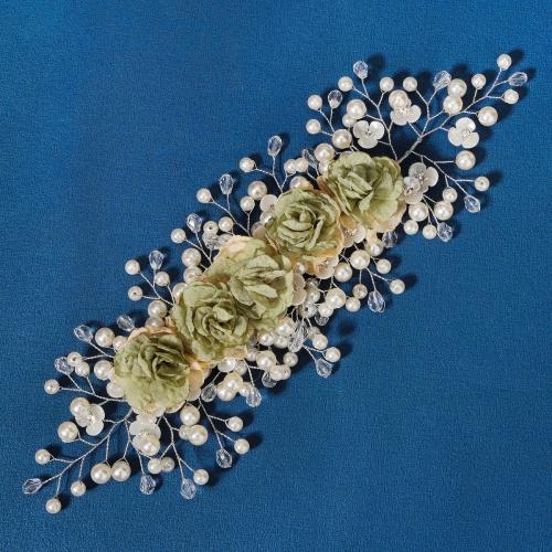 Headband Plastic Pearl with brass wire & Cloth & Crystal for bridal & with rhinestone green Sold By PC