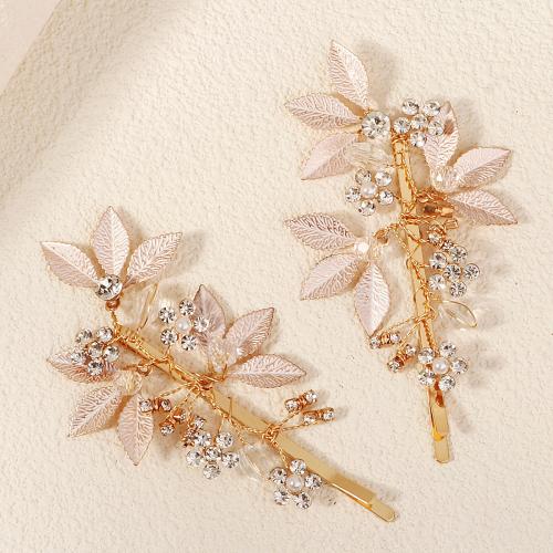 Hair Slide Iron with brass wire & Rhinestone & Acrylic 2 pieces & for bridal golden Sold By Set