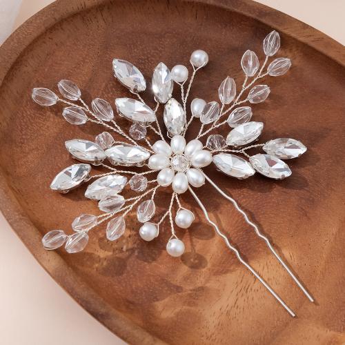 Hair Stick Iron with brass wire & Rhinestone & Plastic Pearl & Acrylic for bridal silver color Sold By Bag