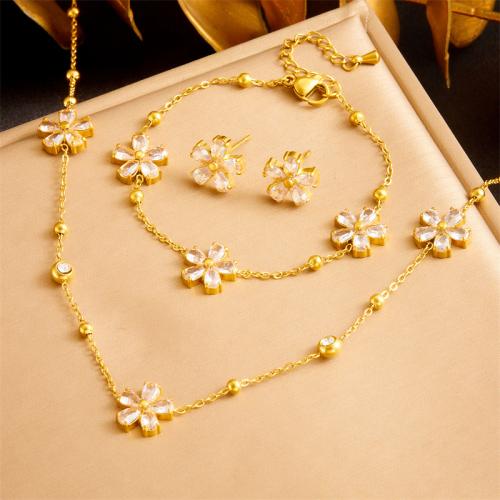 Rhinestone Stainless Steel Jewelry Set 304 Stainless Steel Flower & for woman & with rhinestone golden Sold By PC