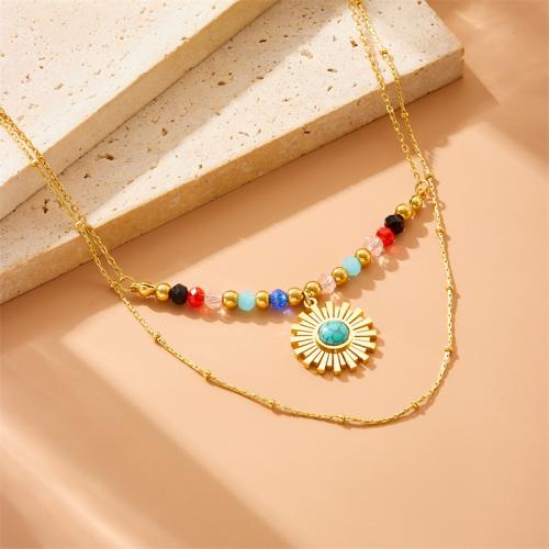 Stainless Steel Jewelry Necklace 304 Stainless Steel with Glass Beads & Turquoise with 5.5cm extender chain Double Layer & fashion jewelry & for woman golden Sold Per Approx 39 cm Approx 46 cm Strand