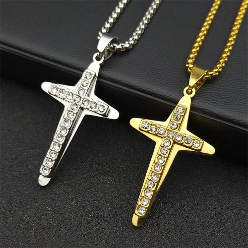 Stainless Steel Sweater Chain Necklace 304 Stainless Steel Cross fashion jewelry & Unisex & with rhinestone Length Approx 60 cm Sold By PC