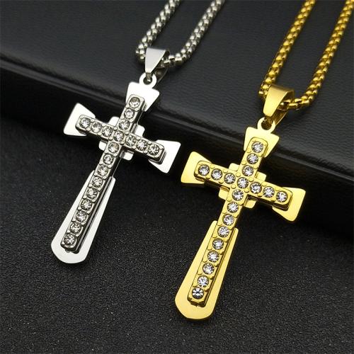 Stainless Steel Jewelry Necklace 304 Stainless Steel Cross fashion jewelry & Unisex & with rhinestone Length Approx 60 cm Sold By PC