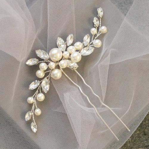 Hair Stick Plastic Pearl with brass wire & Rhinestone fashion jewelry & for woman silver color Sold By PC