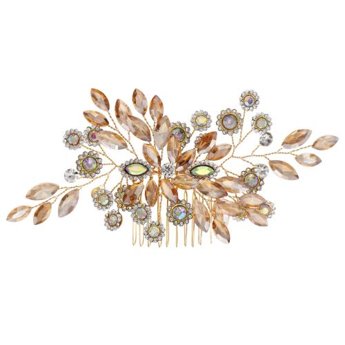 Dekorative Hårkamme, Rhinestone, med Zinc Alloy, Leaf, forgyldt, til brude, flere farver til valg, 145x70mm, Solgt af PC