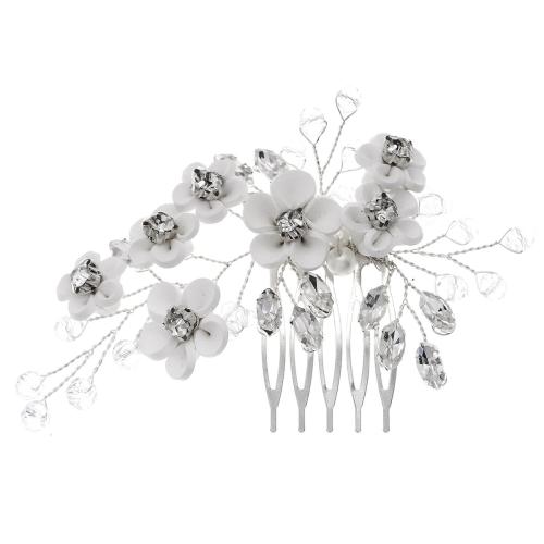 Decorative Hair Combs Porcelain with acrylic rhinestone & Rhinestone & Zinc Alloy Flower silver color plated for bridal Sold By PC