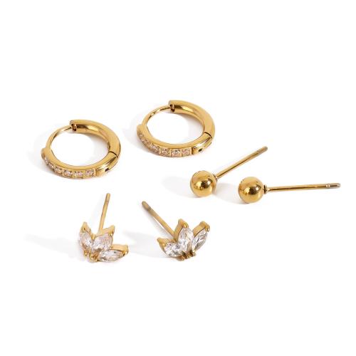 Roestvrij staal Stud Earrings, 304 roestvrij staal, gold plated, drie stuks & mode sieraden & micro pave zirconia, gouden, Verkocht door Stel