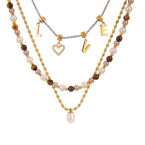 Stainless Steel Jewelry Necklace 304 Stainless Steel with Gemstone & Plastic Pearl gold color plated fashion jewelry & with rhinestone Sold By PC