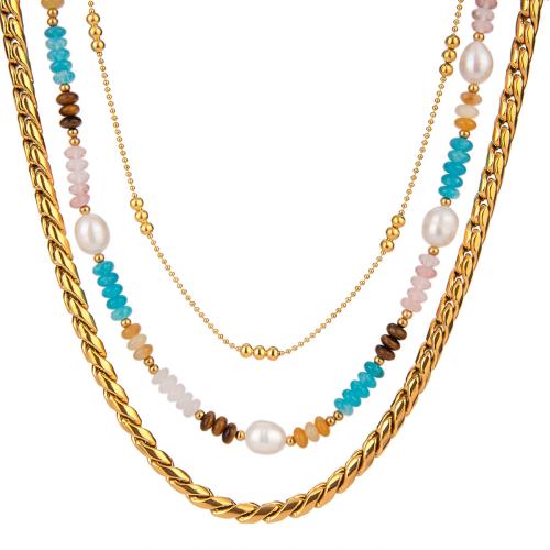 Stainless Steel Jewelry Necklace 304 Stainless Steel with Gemstone & Plastic Pearl gold color plated fashion jewelry Sold By PC