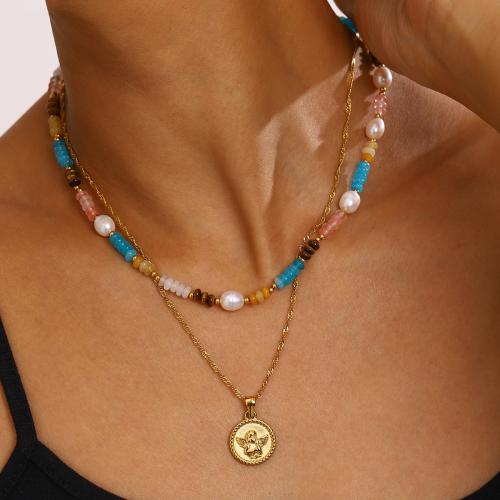 Stainless Steel Jewelry Necklace 304 Stainless Steel with ABS Plastic Pearl & Gemstone gold color plated fashion jewelry Sold By PC