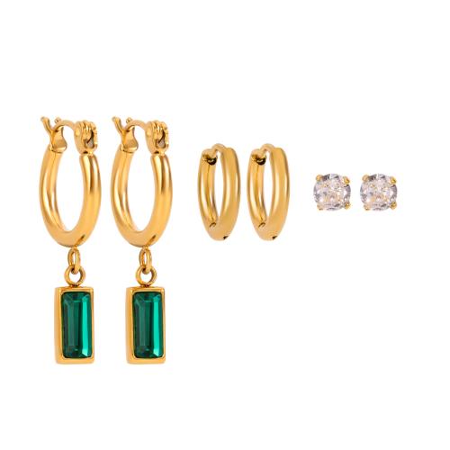 Stainless Steel Lever Back Earring 304 Stainless Steel gold color plated three pieces & fashion jewelry & micro pave cubic zirconia golden Sold By Set