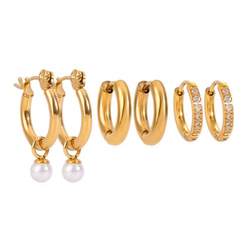 Stainless Steel Lever Back Earring 304 Stainless Steel with ABS Plastic Pearl gold color plated three pieces & fashion jewelry & with rhinestone golden Sold By Set