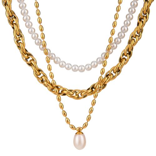 Stainless Steel Jewelry Necklace 304 Stainless Steel with ABS Plastic Pearl gold color plated fashion jewelry golden Sold By PC