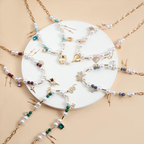 Zinc Alloy Jewelry Necklace with ABS Plastic Pearl & Gemstone gold color plated fashion jewelry & with rhinestone golden nickel lead & cadmium free Sold By PC