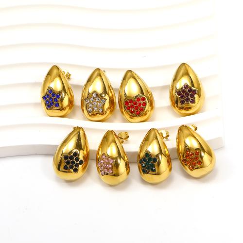 Titanium Steel  Earring Teardrop gold color plated fashion jewelry & with rhinestone Sold By Pair